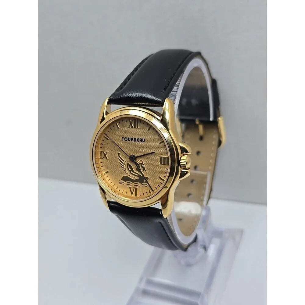 Tourneau Pegasus Limited Edition Gold Tone Black Leather Quartz Watch New Batter